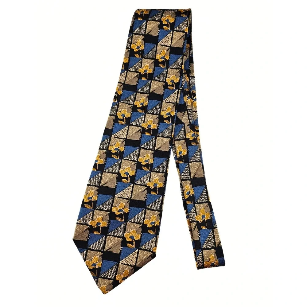 Repvbblica Men's Geometric Floral Necktie - Blue, Brown, Yellow -‎ Professional